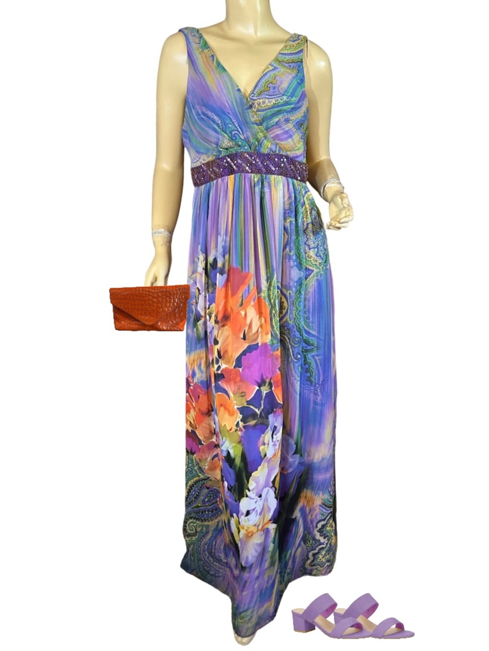 VINTAGE Y2K OLEG CASSINI PURPLE & MULTI-COLOR FLORAL PRINT MAXI CHIFFON DRESS (8